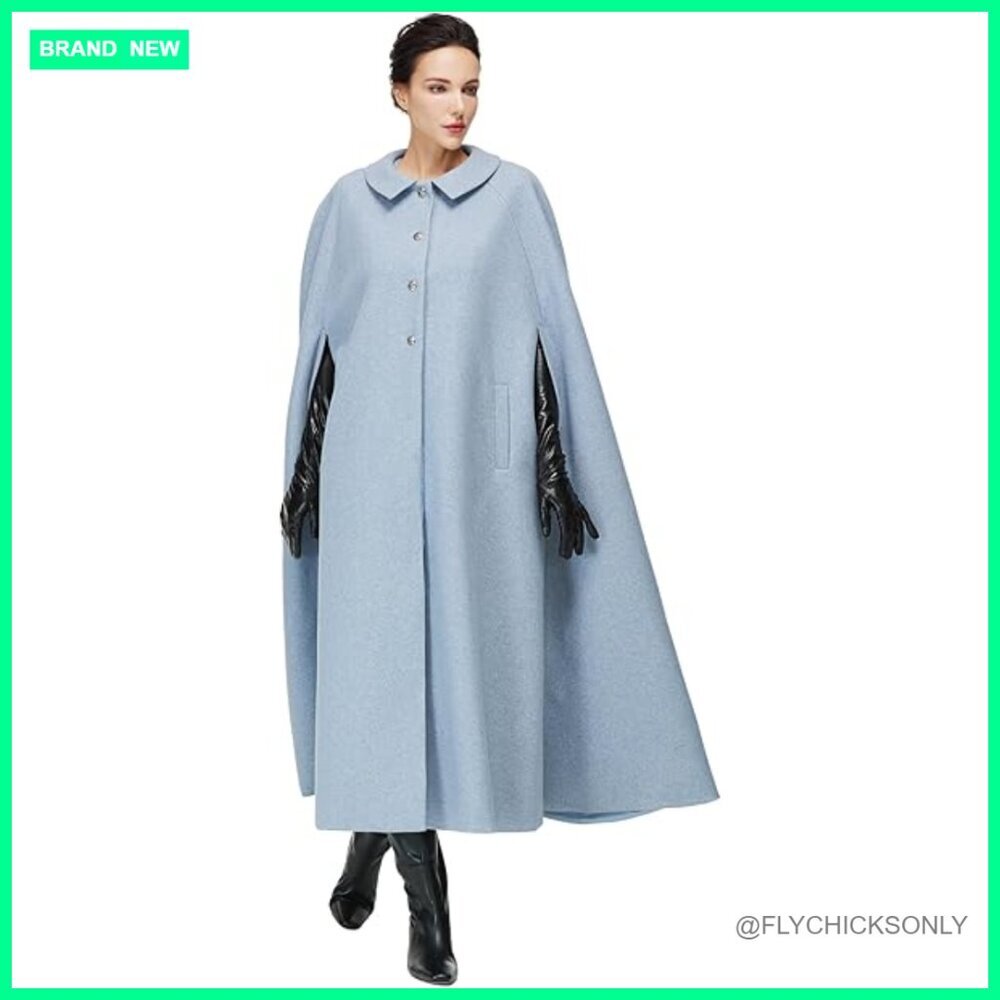 Wool Blend Cape Coat Single-Breasted with Pockets